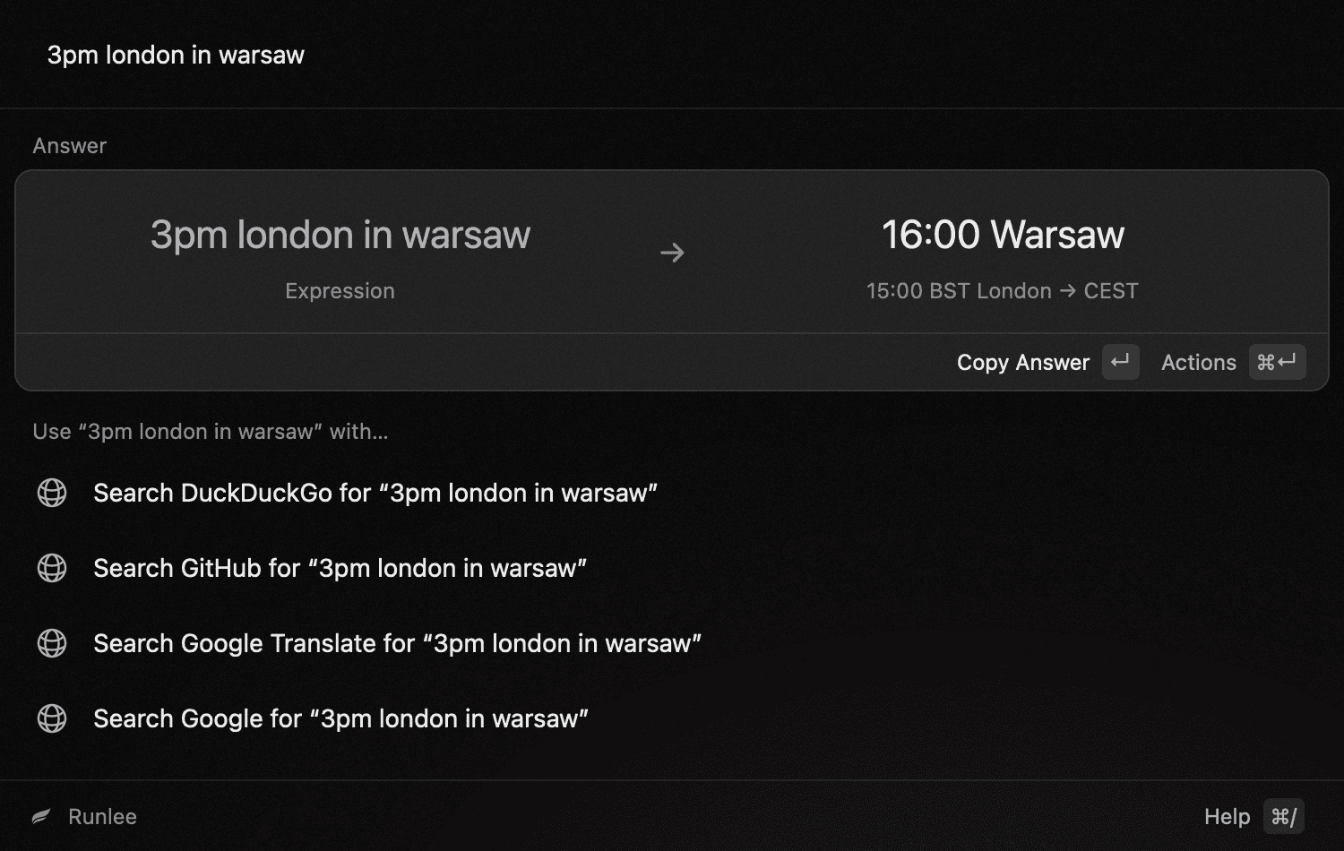 Runlee answering “3pm london in warsaw” with 16:00 Warsaw.
