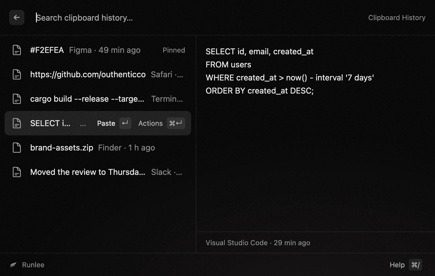 Runlee’s clipboard history: recent copies from Figma, Safari, Terminal, Visual Studio Code, Finder and Slack, with a copied SQL query previewed on the right.