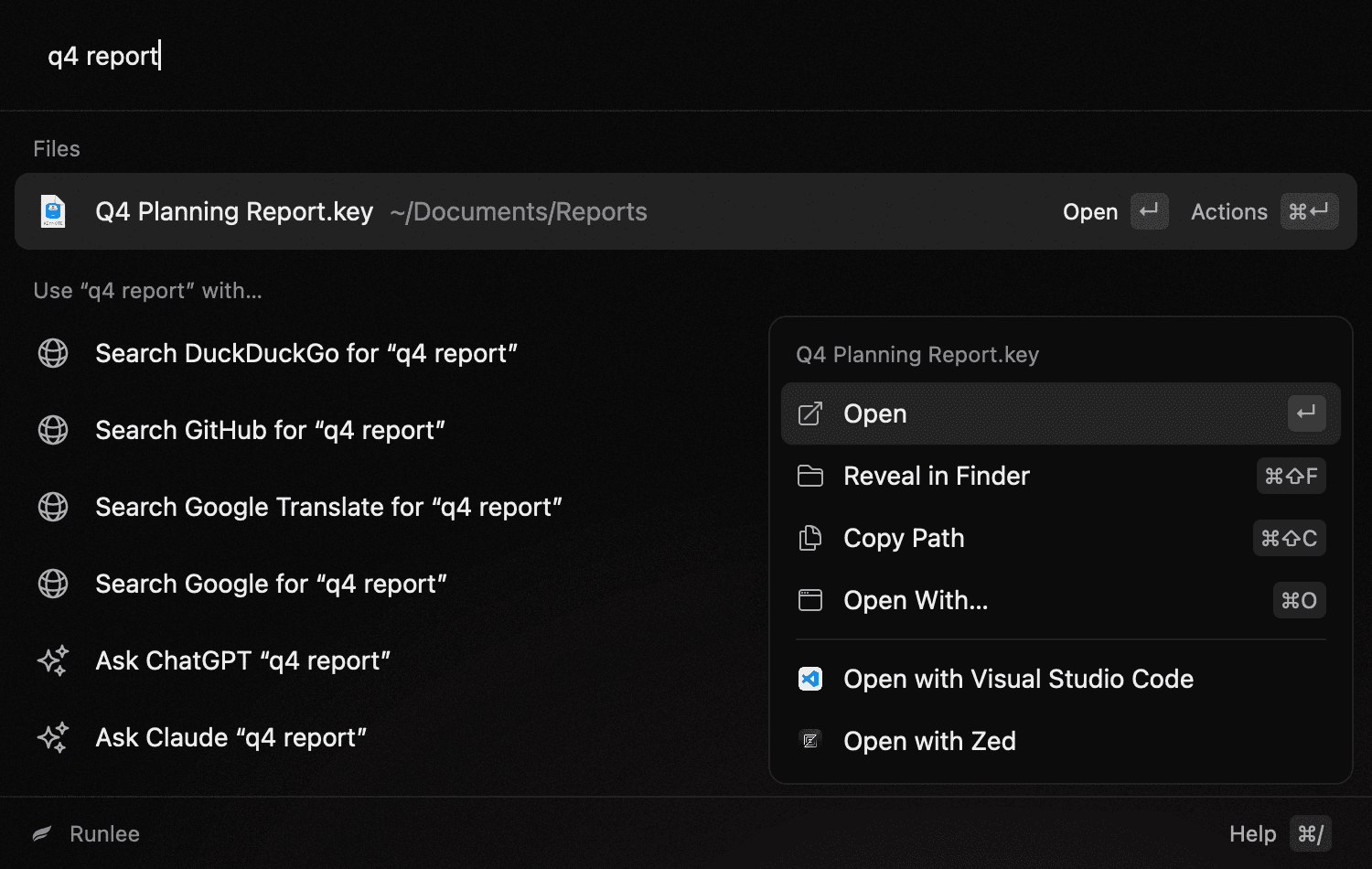 The actions menu for Q4 Planning Report.key in Runlee: Open, Reveal in Finder, Copy Path, Open With, Open with Visual Studio Code and Open with Zed.
