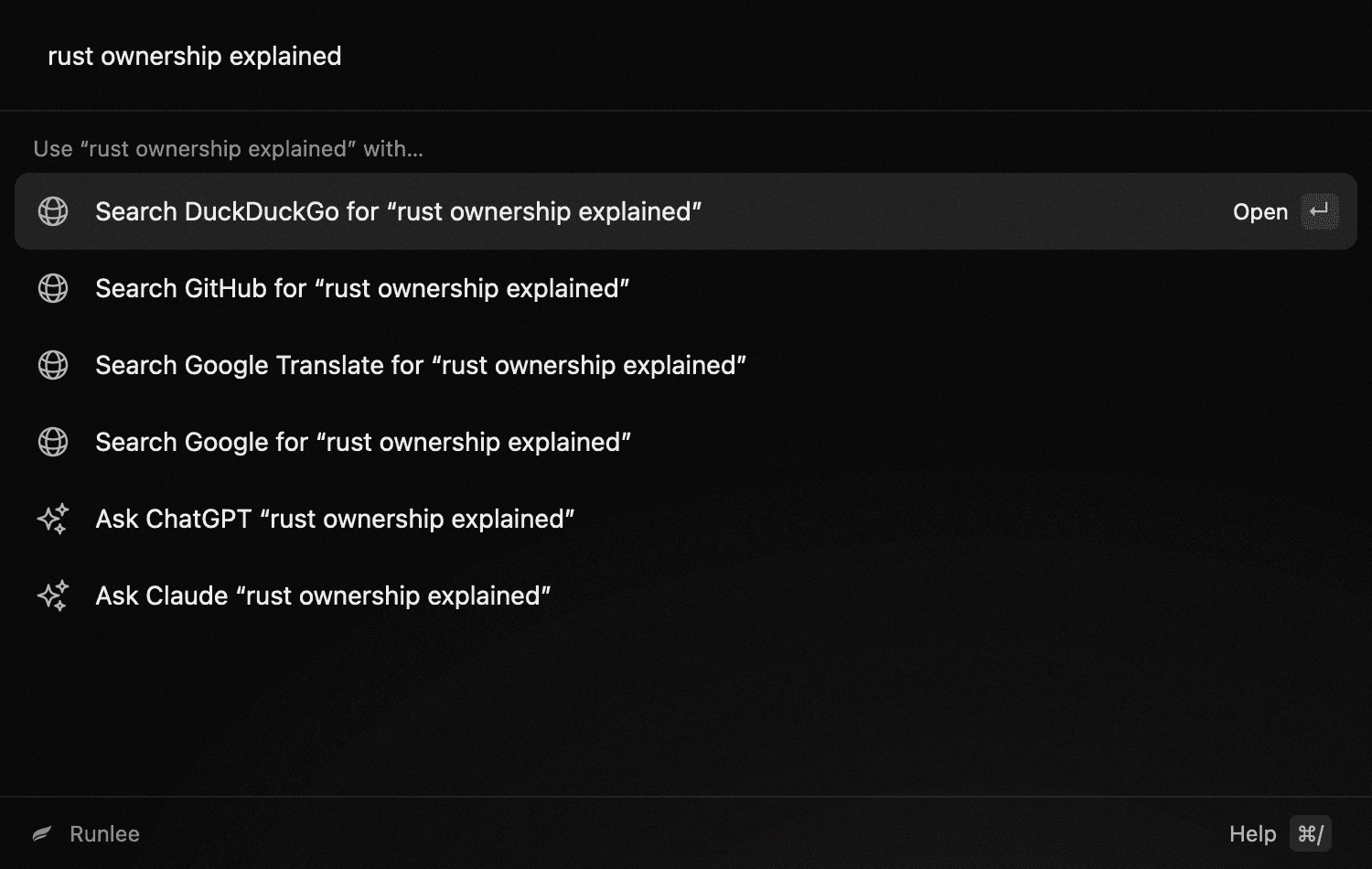 Runlee offering to send “rust ownership explained” to DuckDuckGo, GitHub, Google Translate, Google, ChatGPT or Claude.