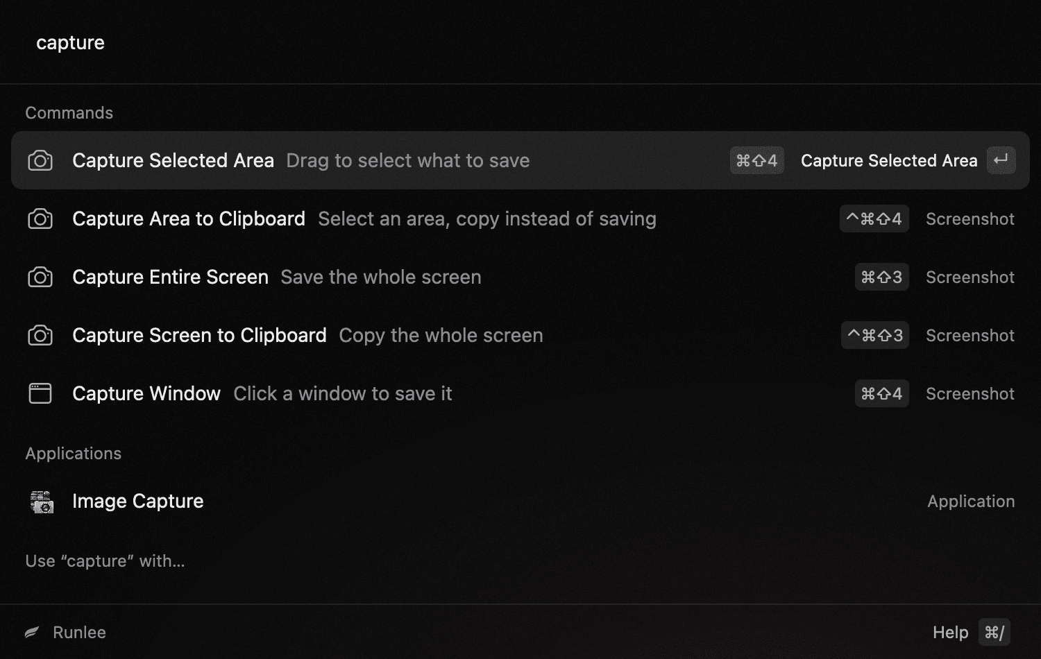 Runlee searching for “capture”: Capture Selected Area, Capture Area to Clipboard, Capture Entire Screen, Capture Screen to Clipboard and Capture Window.