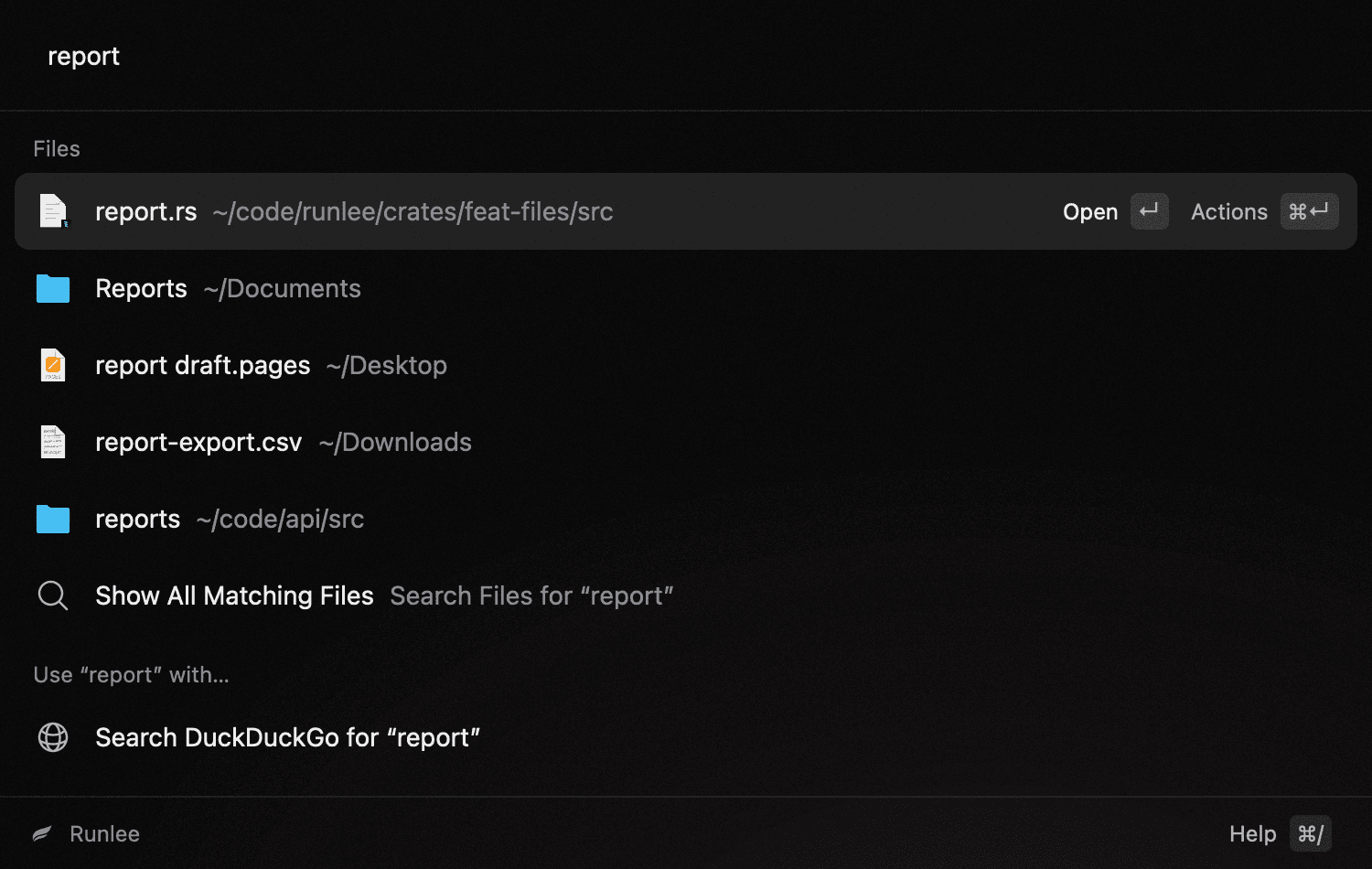 Runlee searching for “report”: matching files and folders such as report draft.pages on the Desktop and report-export.csv in Downloads, each with its location.