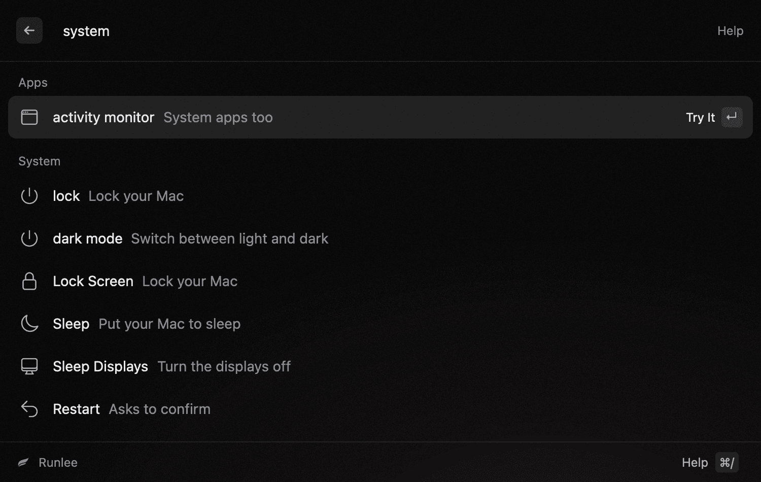 Runlee’s help page for system commands: lock, dark mode, Lock Screen, Sleep, Sleep Displays and Restart.