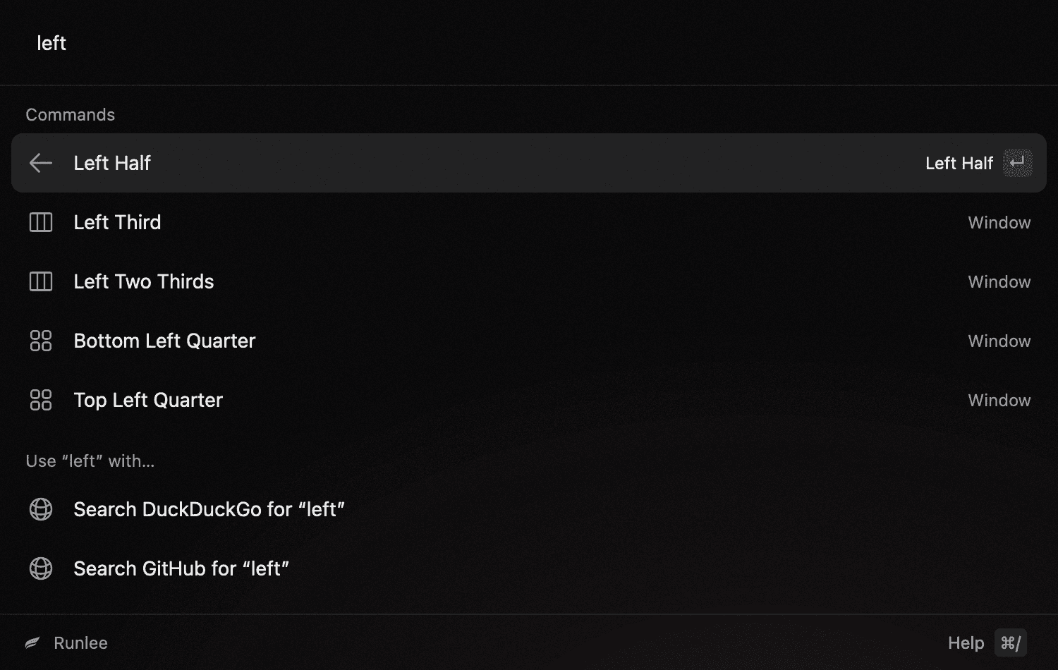 Runlee searching for “left”: Left Half, Left Third, Left Two Thirds, Bottom Left Quarter and Top Left Quarter.