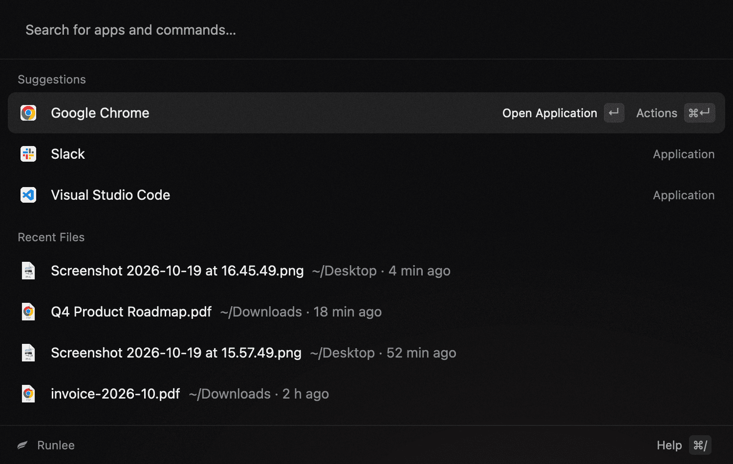 The Runlee launcher with an empty search field. Under Suggestions: Google Chrome, Slack and Visual Studio Code. Under Recent Files: two screenshots on the Desktop, and Q4 Product Roadmap.pdf and invoice-2026-10.pdf in Downloads.
